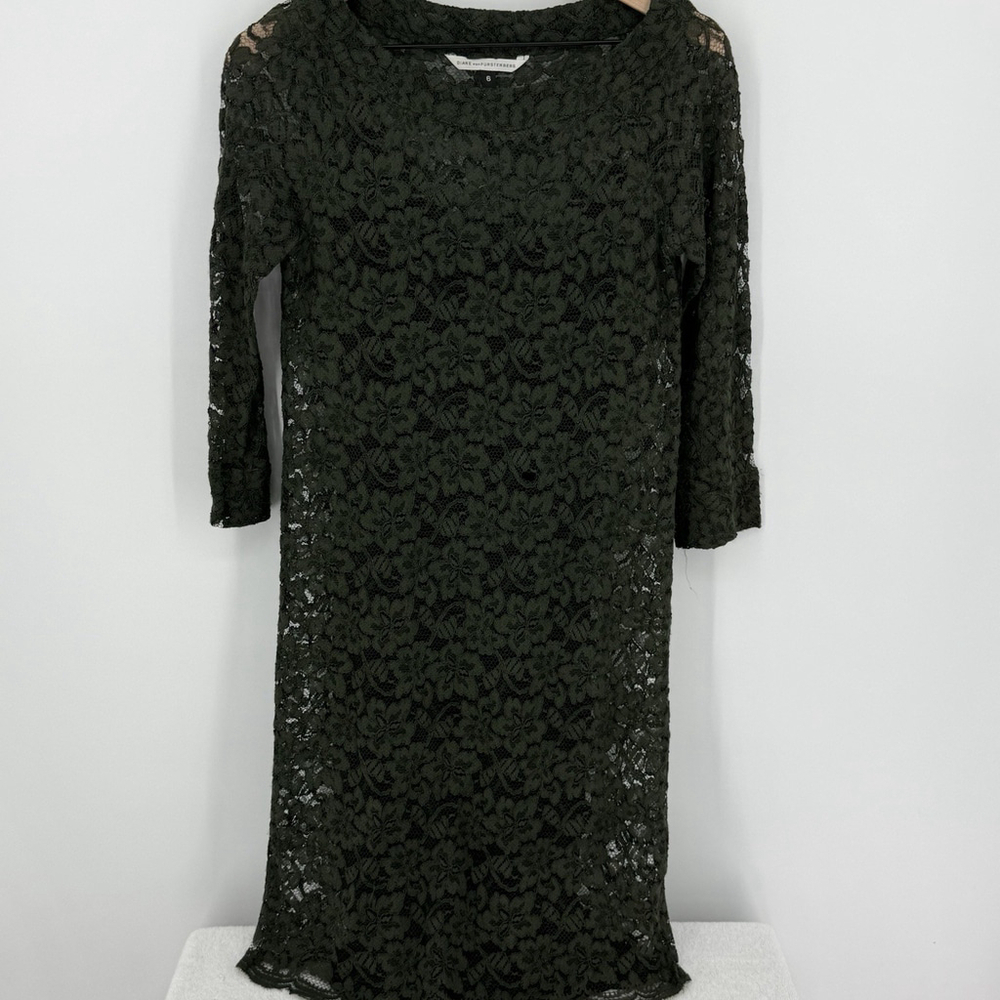 Diane von Furstenberg Elisa Short Green Lace Shift Dress with Black Slip Size 6